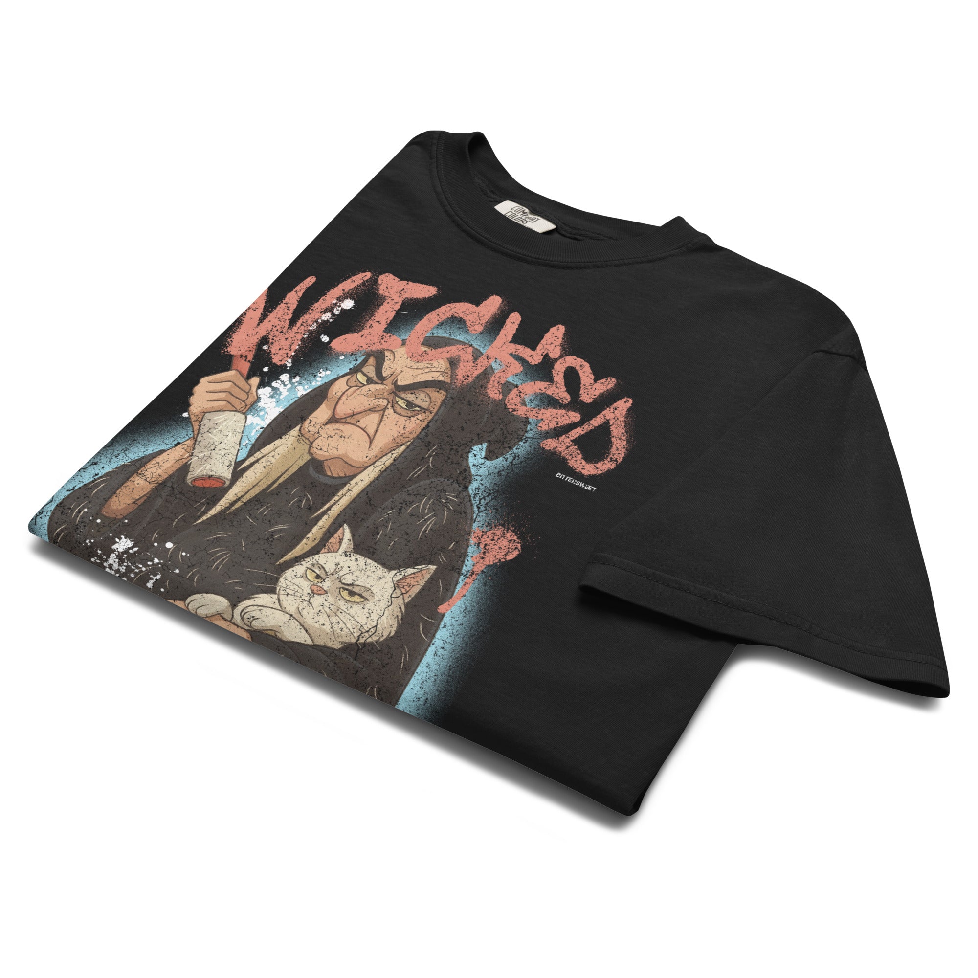 A black short-sleeve graphic t-shirt featuring a distressed print of the halloween wicked graphic 